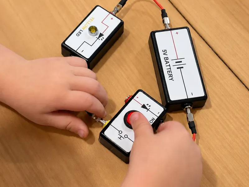 A child connecting modular electronic components to build a working LED circuit